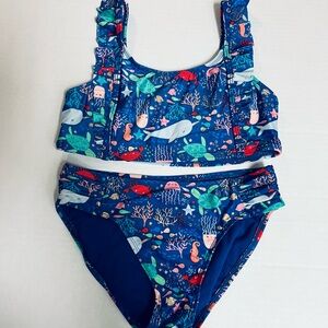 Cat & Jack Girls Blue Bikini with Ocean Print and Ruffles.        SIZE L (10-12)
